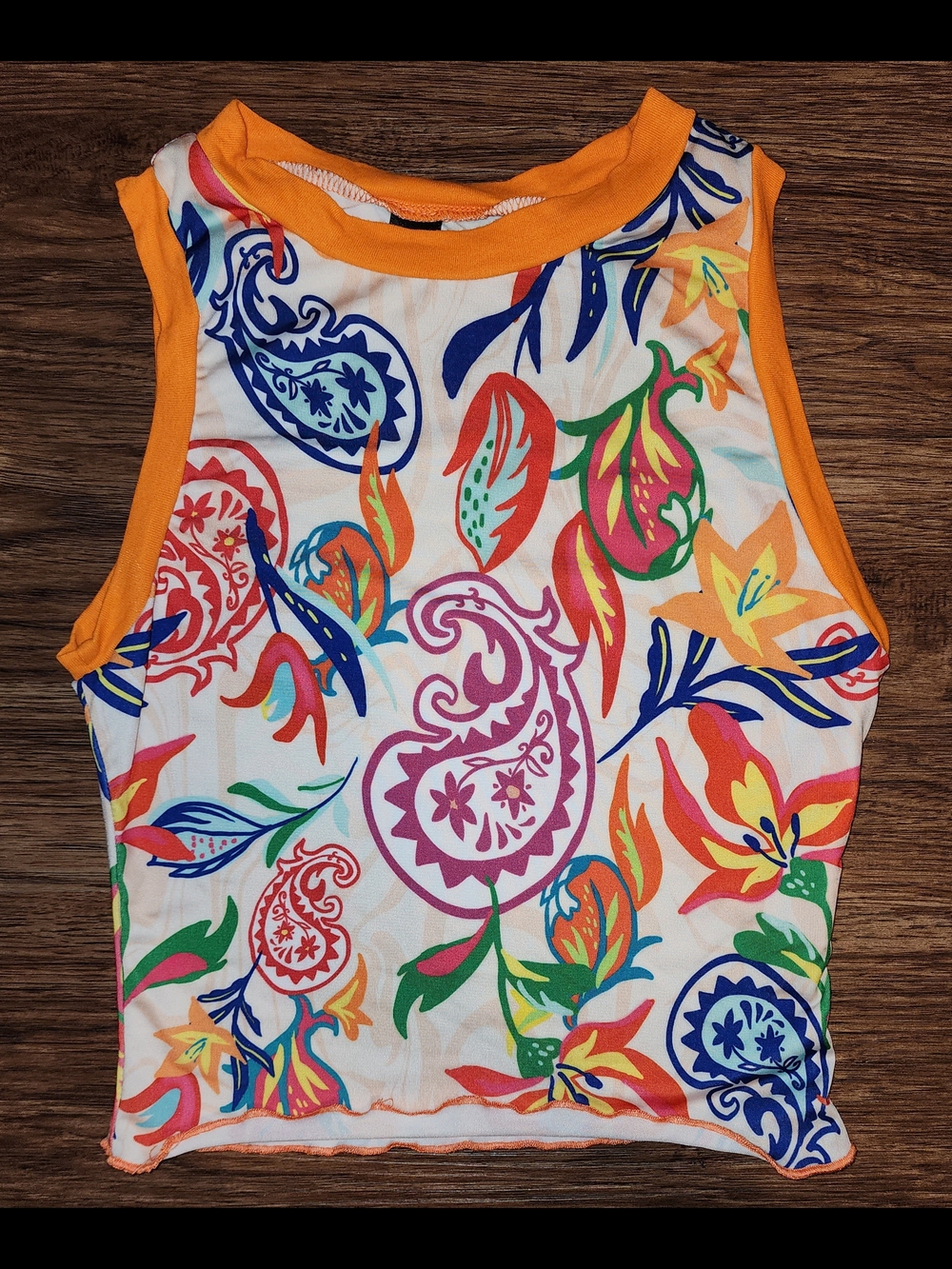 Multicolor Paisley & Floral Crop Tank with Orange Trim